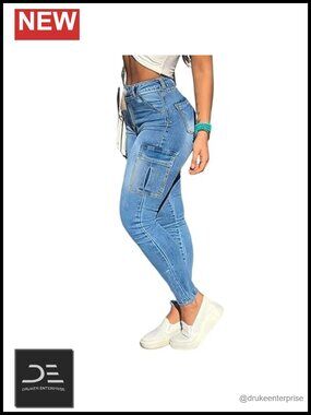 High Waisted Skinny Cargo Jeans with 6 Pockets Stretch Cotton